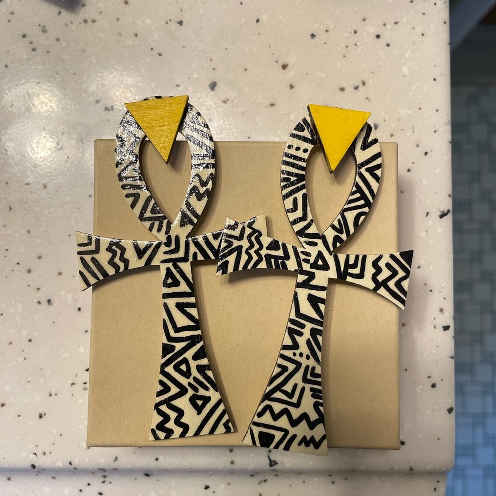 Wooden Abstract Ankh Earrings with Yellow Accents
